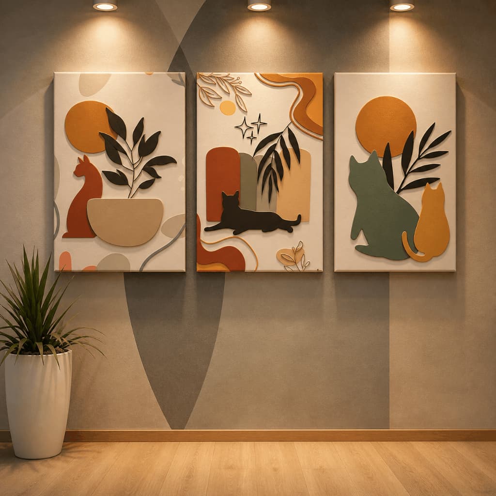 Kit 3 Quadros Decorativos Gatos Minimalista Boho Bege Sala Quarto MDF