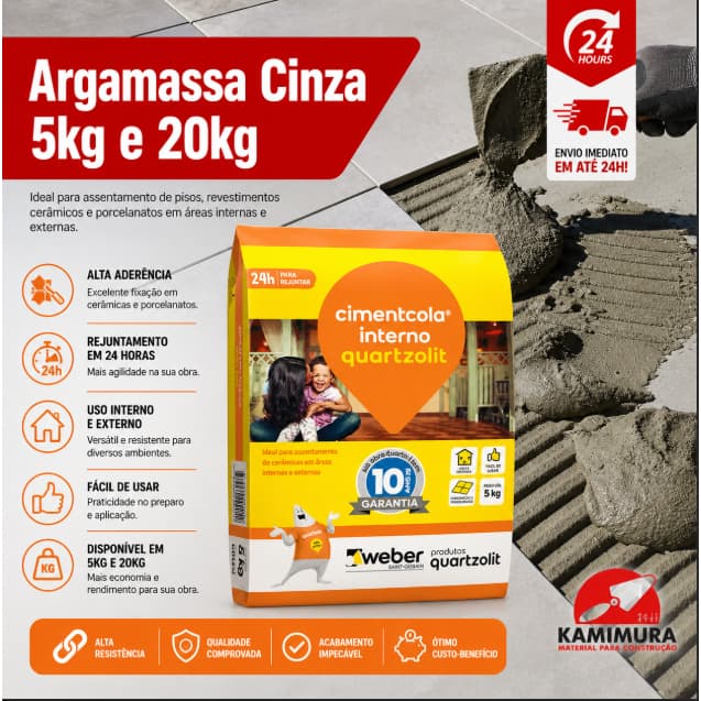Argamassa Cimentcola ACI Interno Cinza 5kg e 20kg Quartzolit