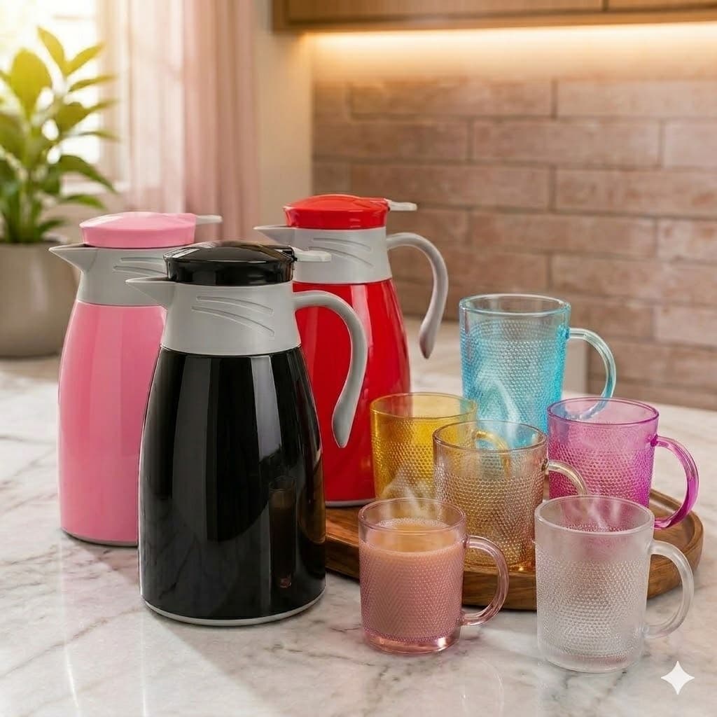 Conjunto Garrafa Térmica 1L + 4 Canecas de Vidro Coloridas 190ml kit cores vermelha preta rosa