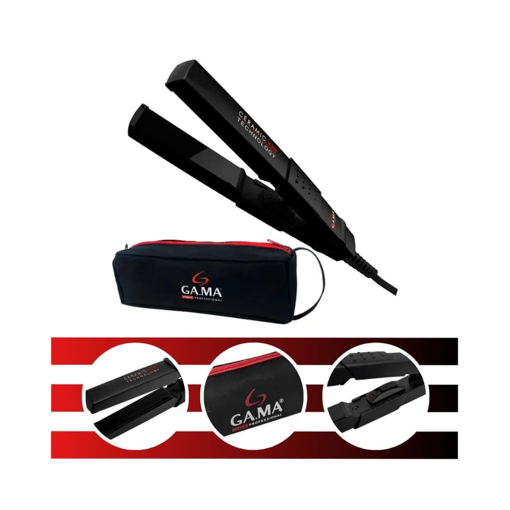 Mini Prancha De Cabelo Ceramic Íon Bivolt Preto Potência de 20W Com Bolsa Gama Italy