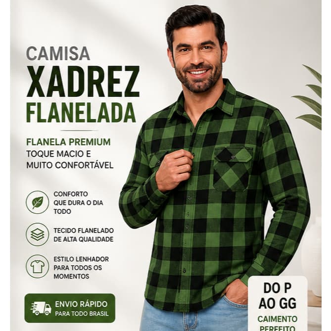 Camisa Xadrez Masculina Flanelada Premium Manga Longa Com Bolsos Estilo Lenhador