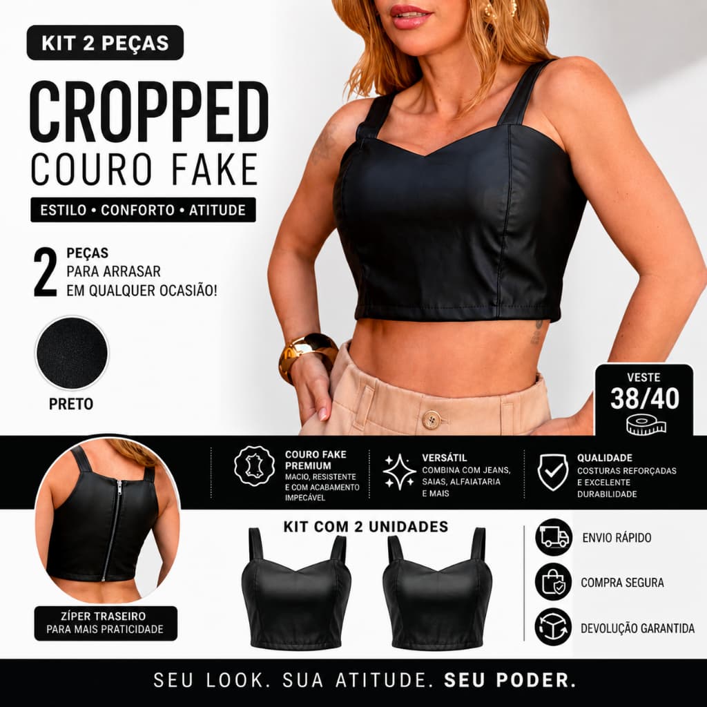Kit 2 Cropped Feminino Courino Preto com Bojo Zíper Costas Veste 38/40 Moda Blogueira