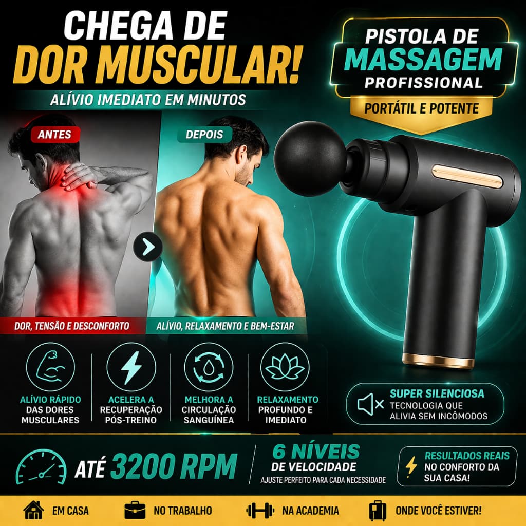 Pistola de Massagem Muscular Portátil 6 Velocidades Profissional Elétrica Recarregável Silenciosa