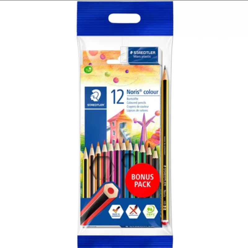 Kit Lápis de Cor 12 CORES Sextavado + Lápis Grafite Nº2HB + Borracha, Staedtler