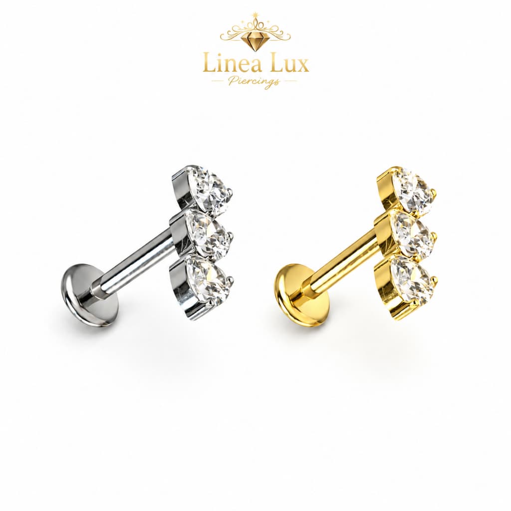 Piercing Labret 3 Corações Zircônia Titânio F136 Antialérgico Prata ou Dourado 8mmx1.2mm – Luxo Envio Rápido