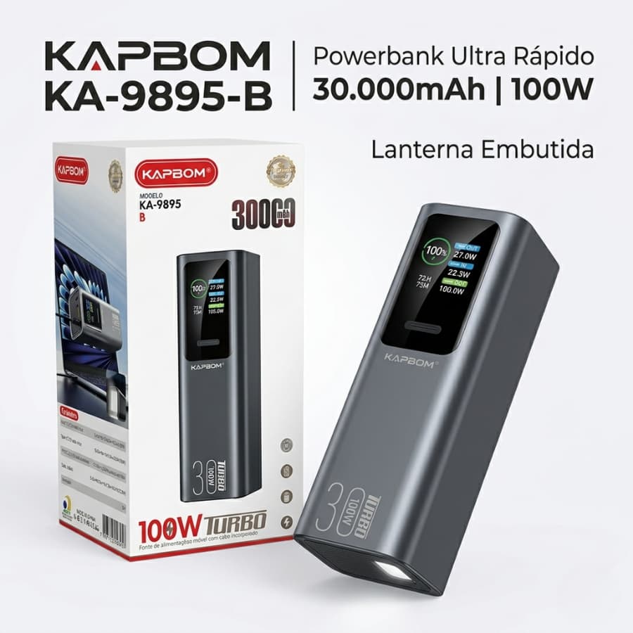 Power Bank 30000 mAh 100W Turbo Portatil Carregamento Rápido com Lanterna Embutido Cabo Tipo C Powerbank KAPBOM KA9895B