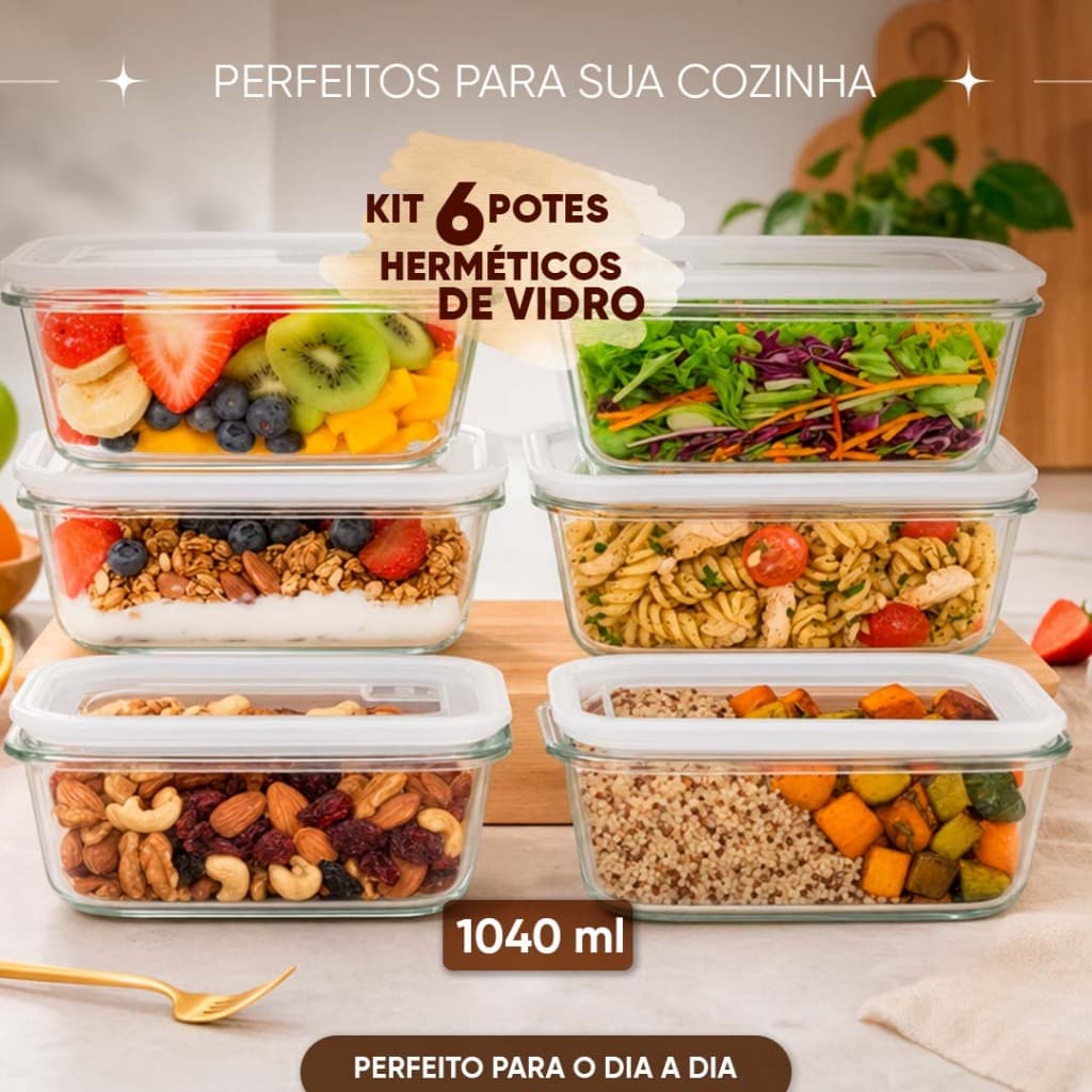 Kit 6 Potes Herméticos de Vidro Retangular Marmita Alimentos Tampa Vedação 1040ml