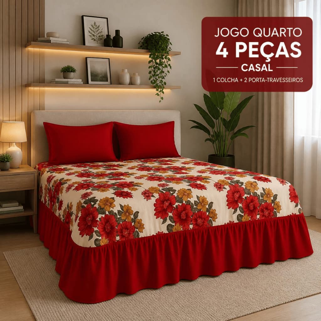Jogo Quarto 4 Peças Casal – Colcha + 2 Porta-Travesseiros + Lençol Avulso - Confortável e Completo