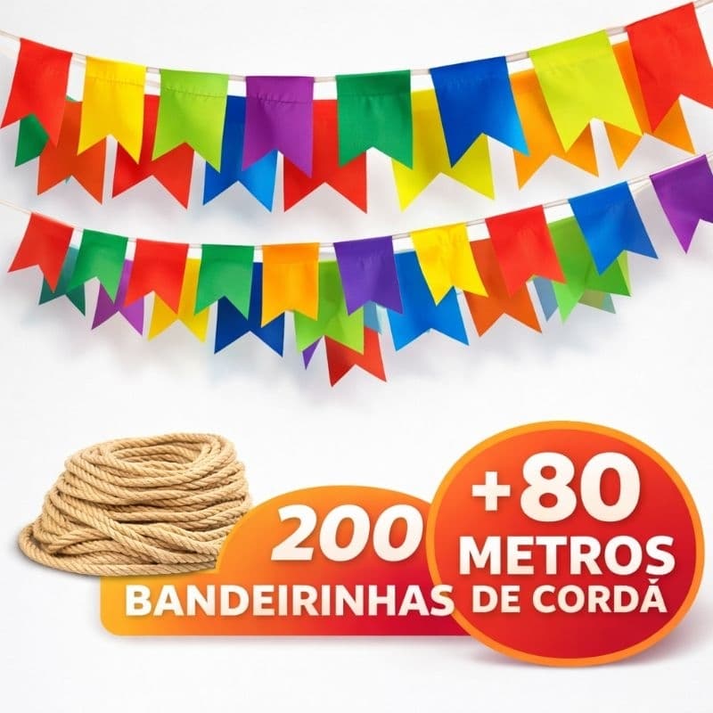 Kit Bandeirinhas Festa Junina 20x15 com Cordão 20 Metros Bandeirolas Plástico Colorida