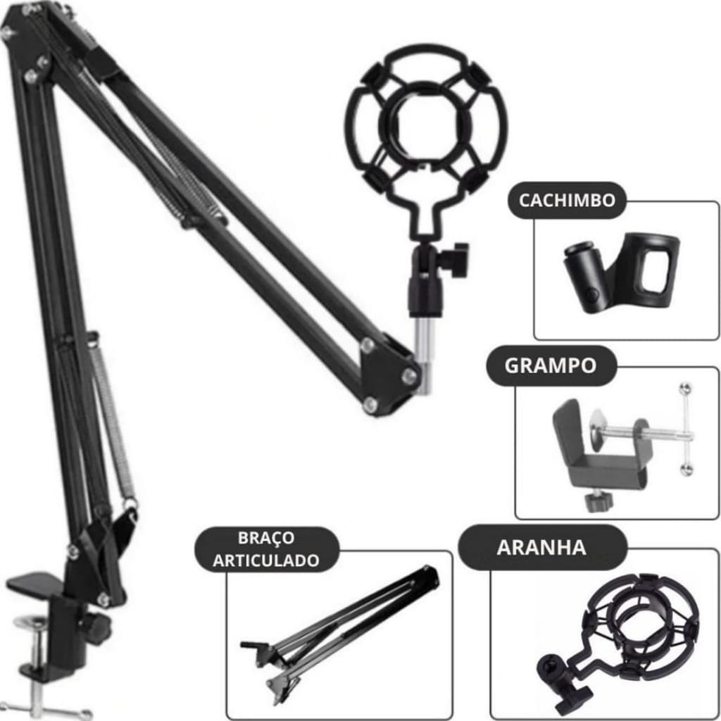 Kit Braço Articulado + Suporte Shock Mount Aranha Para Microfone Condensador