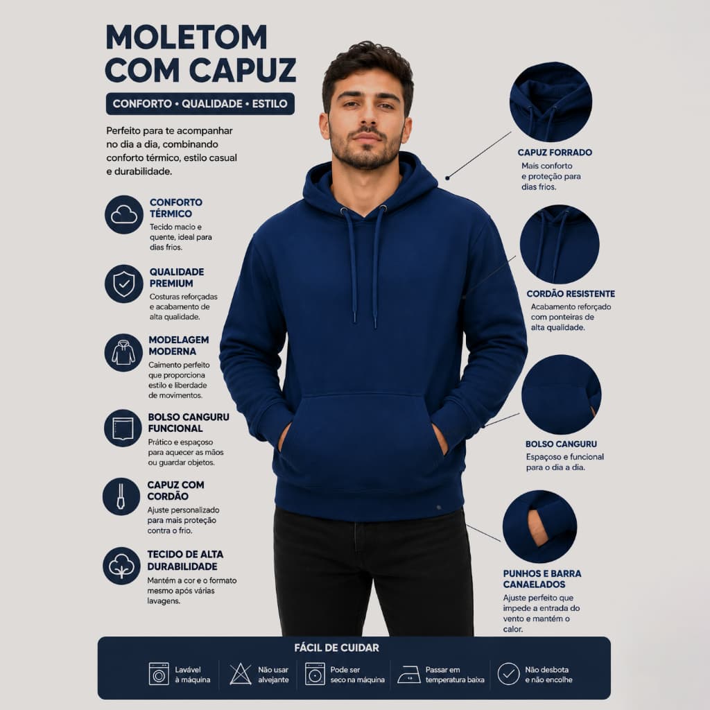 Moletom Masculino Azul Escuro com Capuz | Blusa Frio Canguru Estilosa Confortável Robusta 360g
