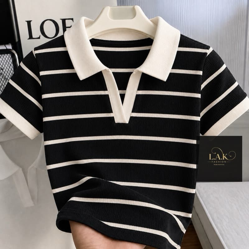 Blusa Polo Feminina Canelada Listrada Manga Curta Ajustada Casual Moderna Ribana Premium