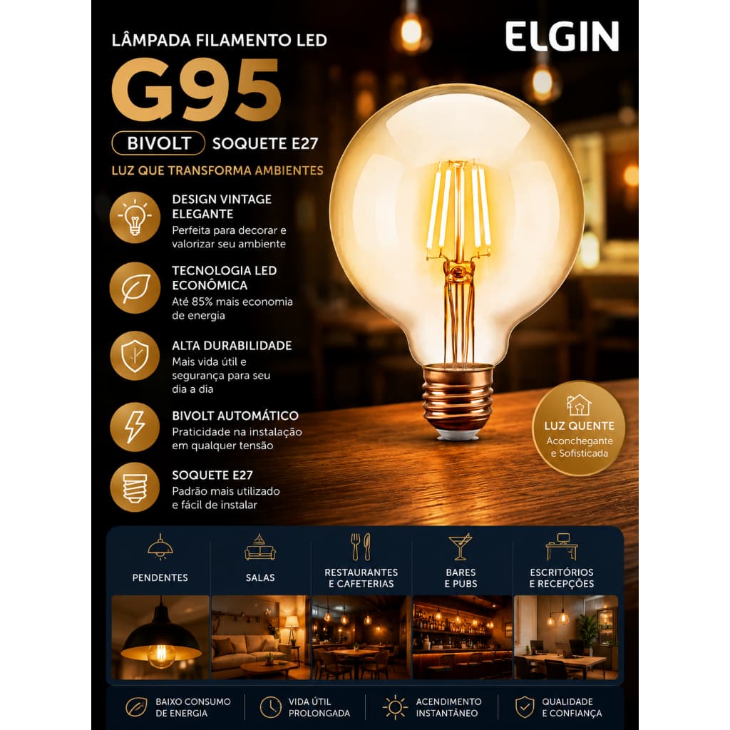 Lâmpada Filamento LED G95 Âmbar Elgin Bivolt  E27 Luz Quente Decorativa Econômica  Alta Durabilidade