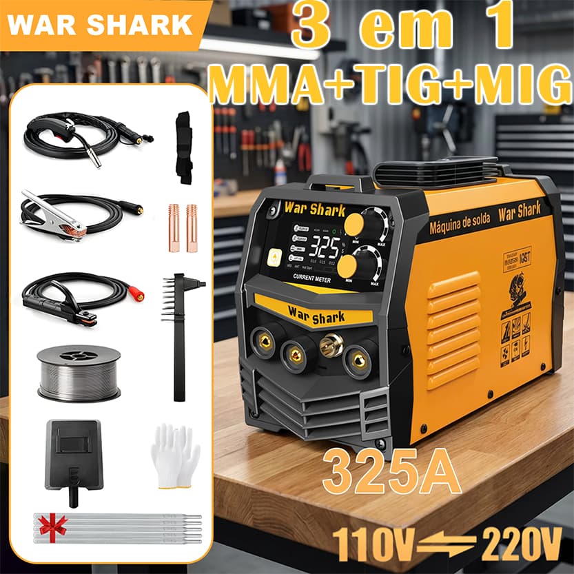 325A  MMA+TIG+MIG 3 em 1/ 200A  MMA+TIG 2 em 1  Máquina Solda Para LCD 110v-220v War Shark