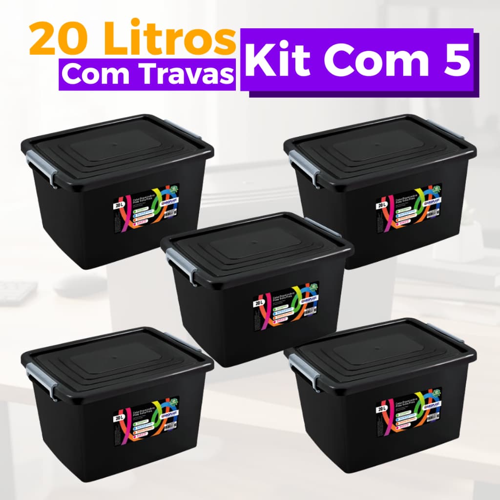 Jogo 5 Caixas Cesto 20 Litros Caixa Organizadora Pretas Com Tampa e Trava Organizador Preto