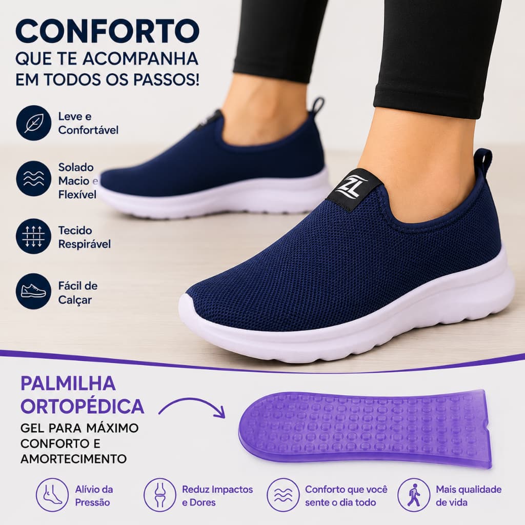 Tênis Meia Feminino Calce Fácil Ortopédico