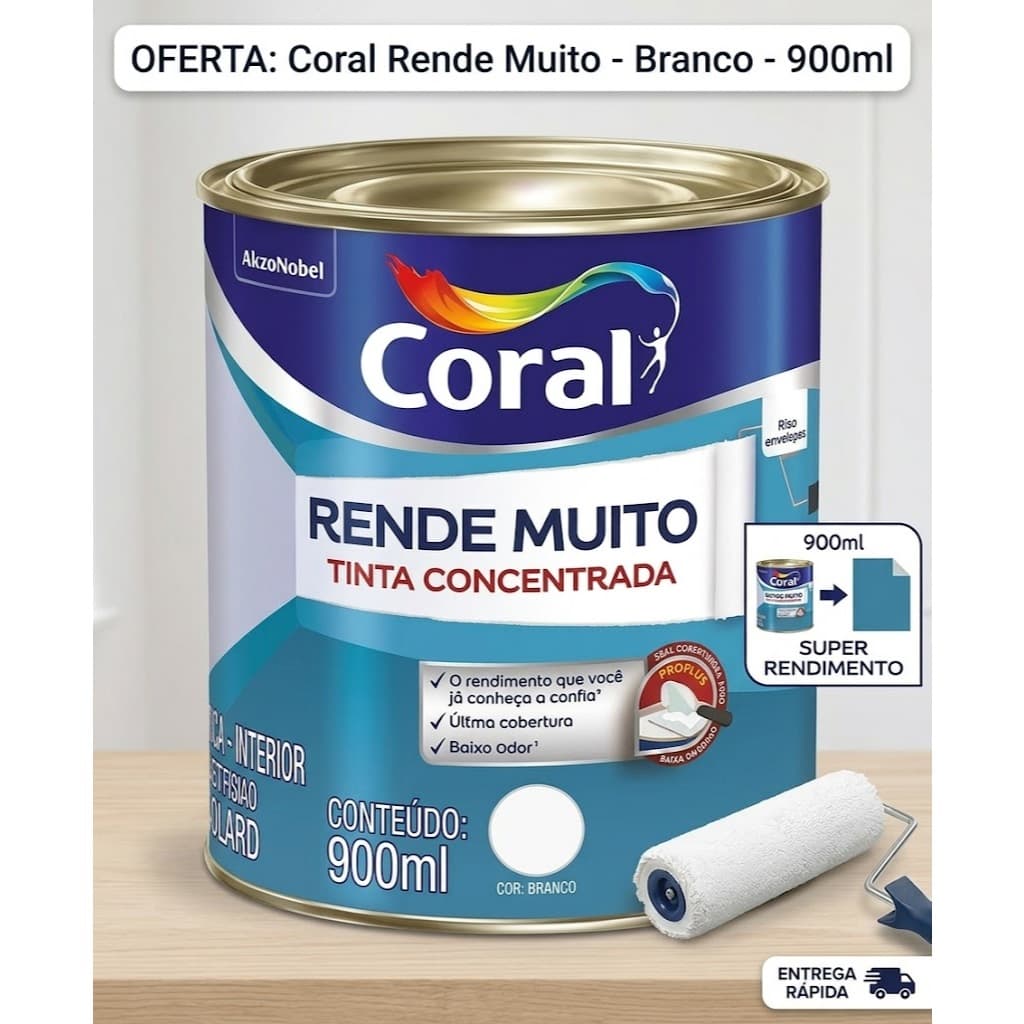 Tinta Coral Rende Muito, 900ml, tinta para parede, acrílica fosca, lavável, alto rendimento (até 25m²) secagem rápida