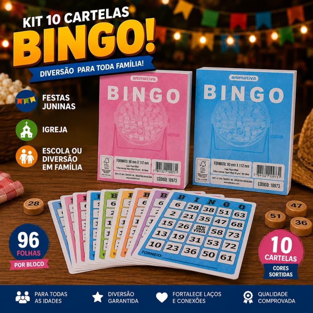 Kit 2 5 10 Cartelas Bingo Canetinhas 96 Folhas Jogos Festa Junina Igreja Escola Diversão Familia