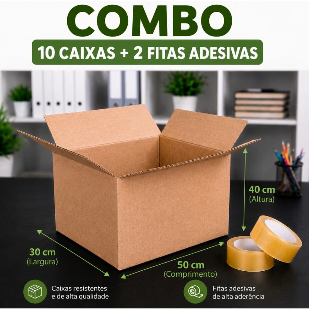 Kit 10 Caixas de Papelão Grande 50x40x30 + Fita Adesiva Resistente 45mmx100m Combo Prático p/ Mudança