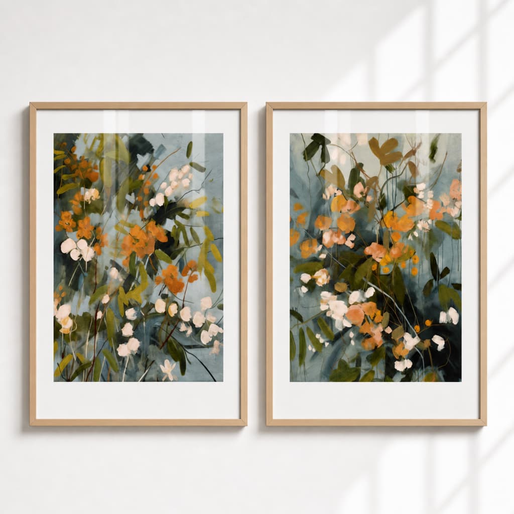 Duo Quadros Floral Abstrato Laranja Sala Boho  Moldura e Vidro