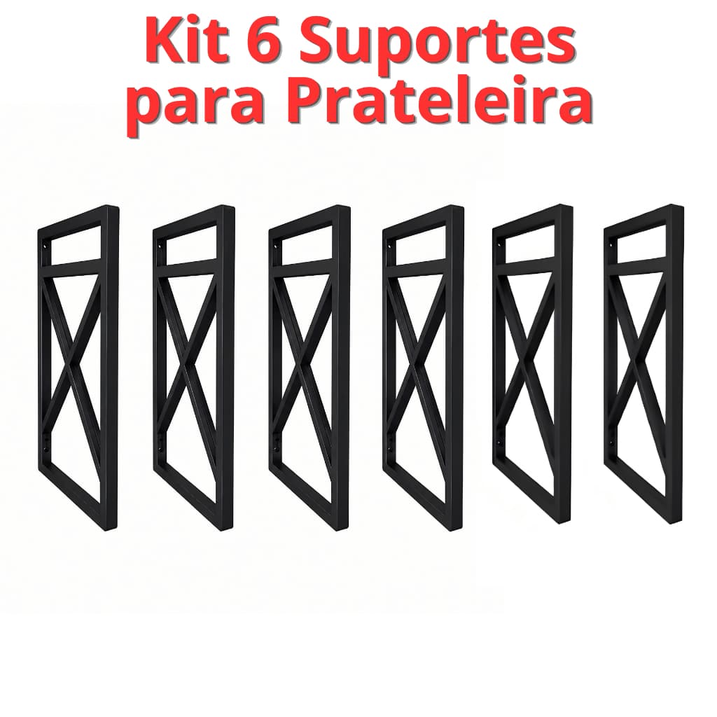 Kit 6 Suportes Industrial Para Prateleira Mão Francesa Preto 20x37cm Decorativo Moderno