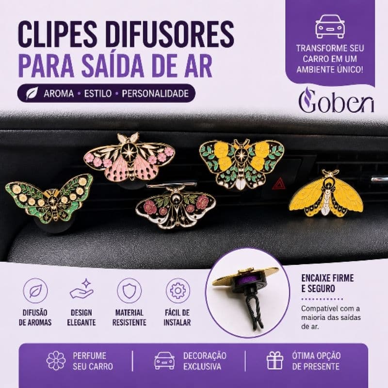 Clip Aromatizador Decorativo Para Veículos Borboleta Metal Essência 10ml Perfume Carro Mulheres