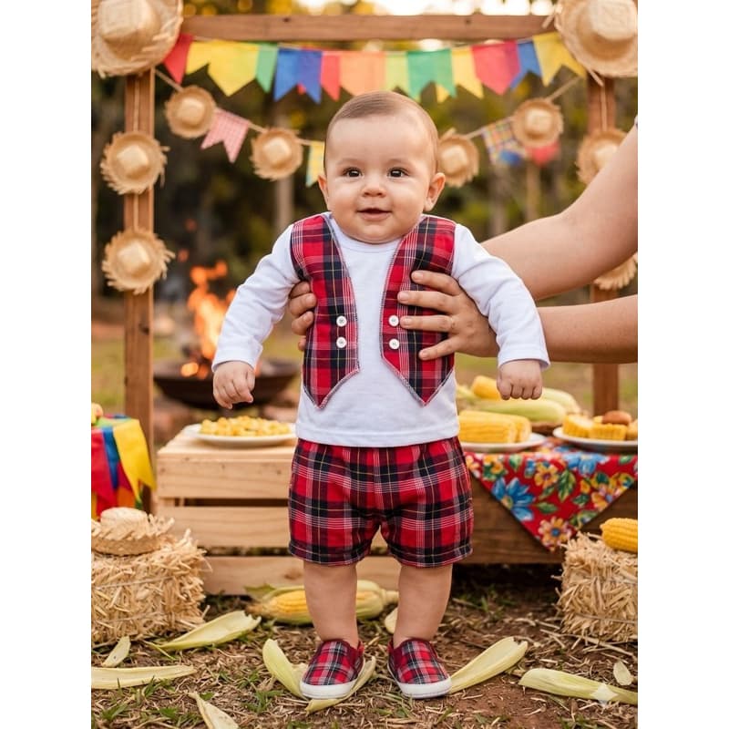 Baby Menino Caipirinha xadrez Festa Junina Fantasia/Aniversario/