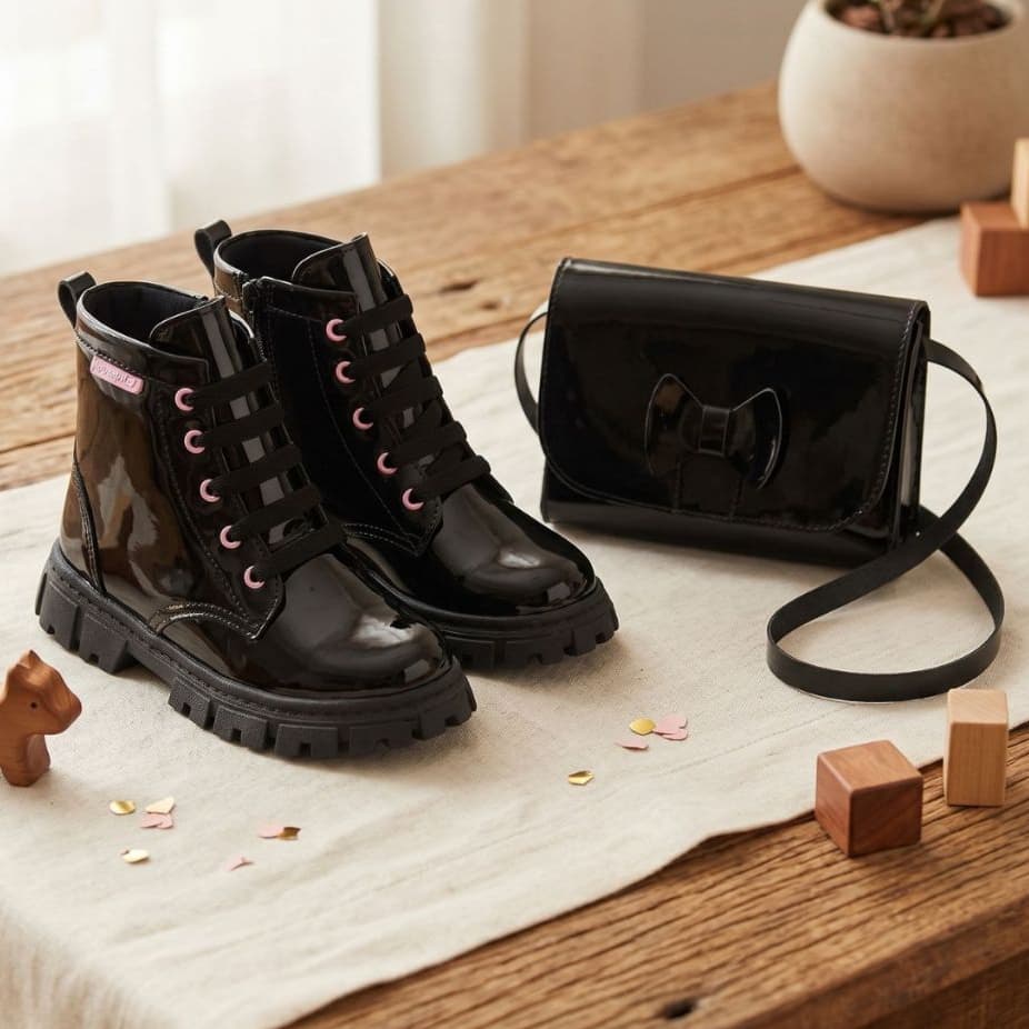 Combo Infantil Menina Kit Bota Coturno Infantil Confortável e Bolsa de Ombro Delicada e Leve Modinha