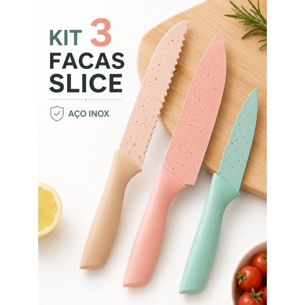 Kit 3 Facas Cozinha Aço Inox Coloridas - Chef /Serrilhada / Utilitária - Lyor