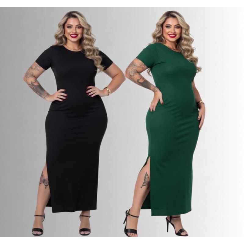 Vestido Longo Canelado Plus Size Verão com Fenda Lateral e Alcinha Elegante