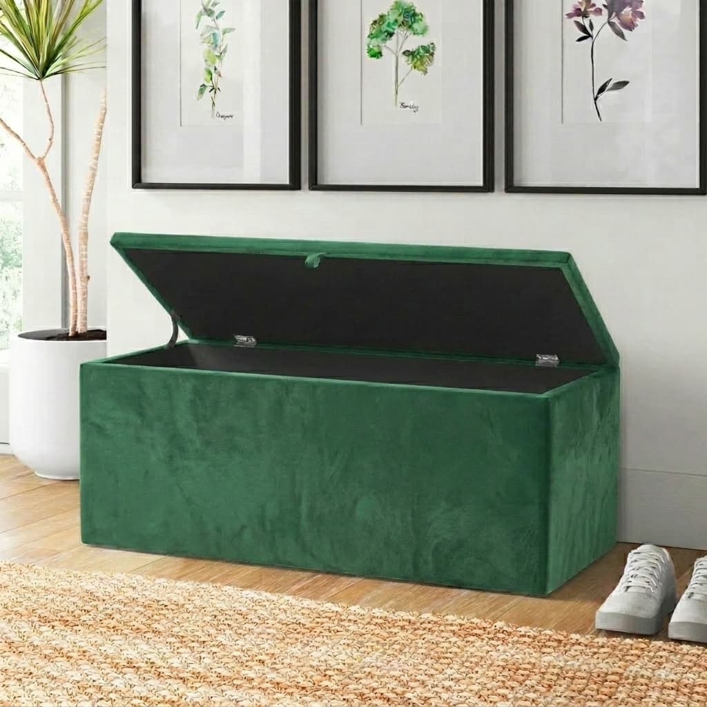 Baú de Armazenamento Grande Retangular Revestido em Veludo 90x40x44cm - Verde Bandeira