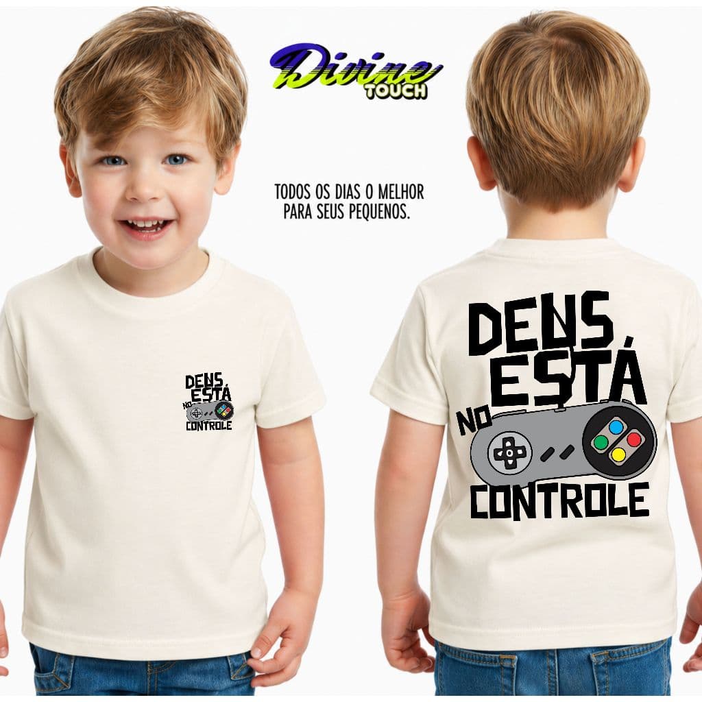 Camiseta Infantil Malha 30.1 100% Algodão Estilosa Camisa Religiosa Jesus Cristo Deus Está Controle