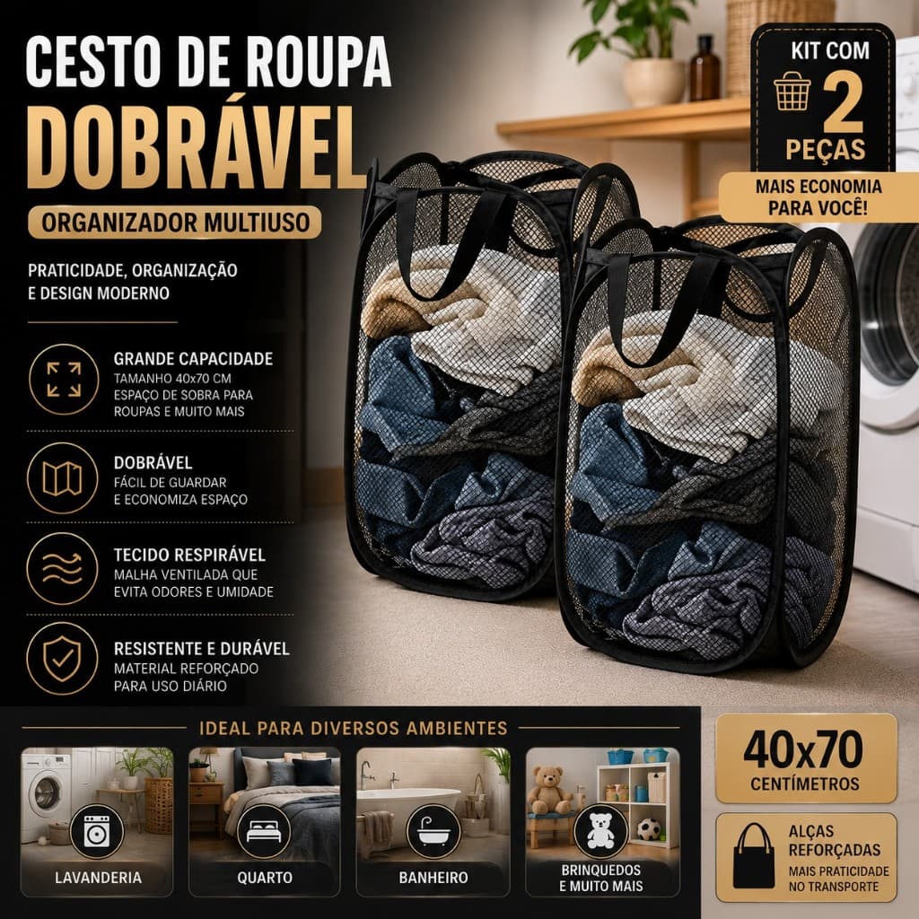 Kit Cesto de Roupa Suja Dobrável Grande Organizador 40x70