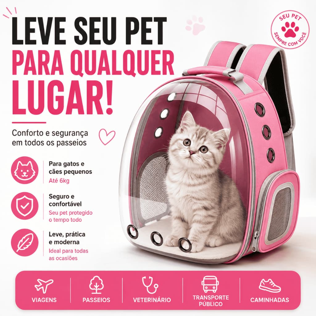 Mochila Transporte Pet Transparente Para Gatos Cachorros Pequenos Respirável Até 6kg Viagem Passeio