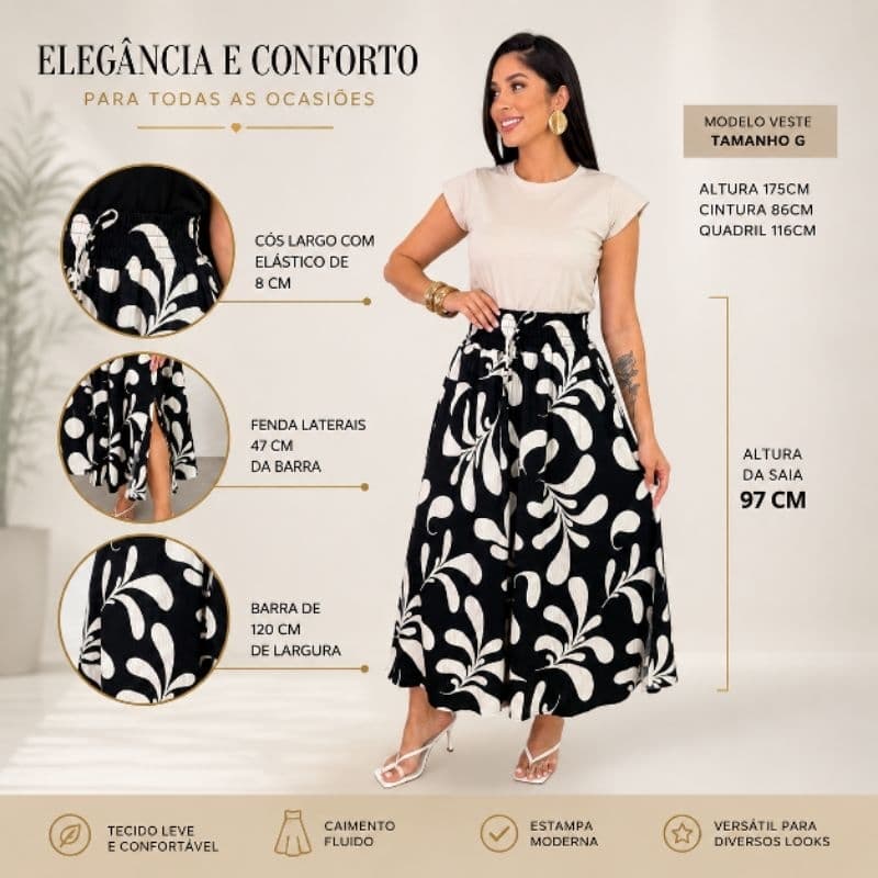 Saia Longa Feminina Elegante Estampada Igreja Trabalho Casual Chic,