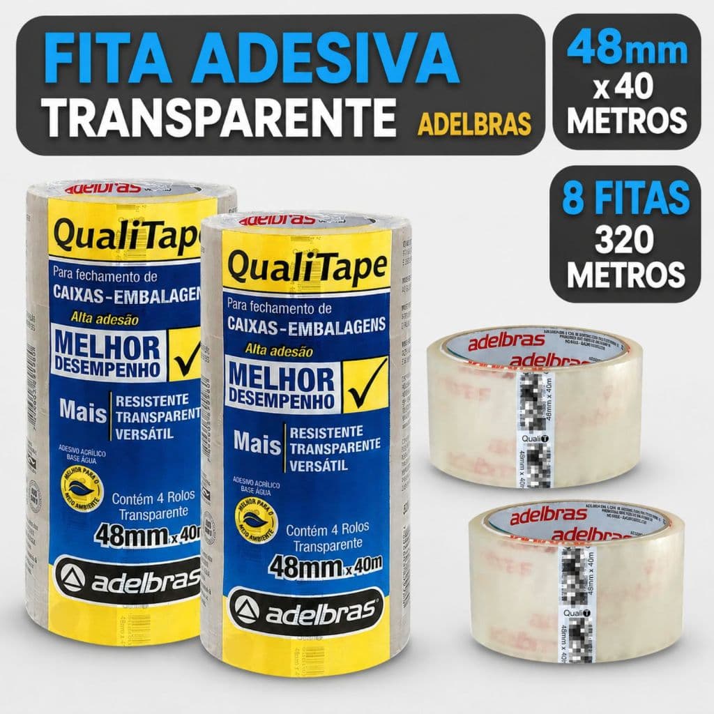 Fita Adesiva Transparente Adelbras Fecha Caixas 48mm 40m 8 Unidades PAra fechamento de Embalagens