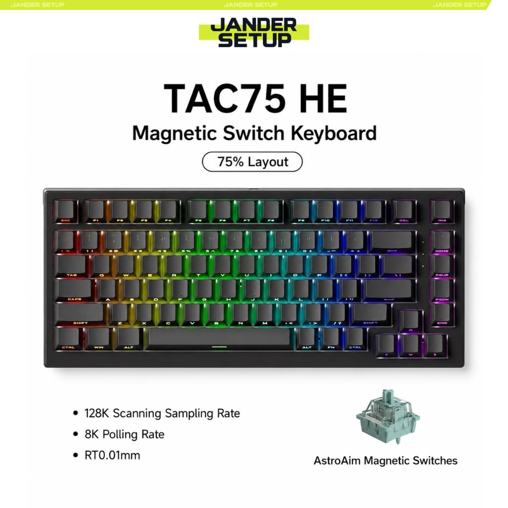 Teclado Gamer Magnético Akko Tac75 HE, Gatilho rápido 8K, RGB, Hot-Swap, RT 0.01mm, Com Fio