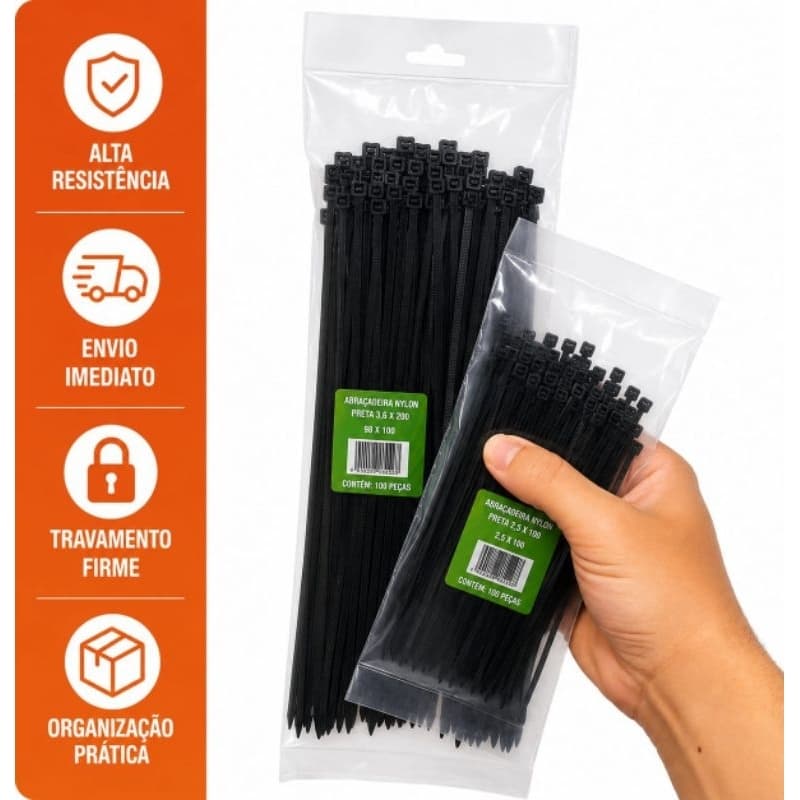 Abraçadeira Nylon/Enforca gato Preta 2,5mmx100mm / 3,6mmx250mm