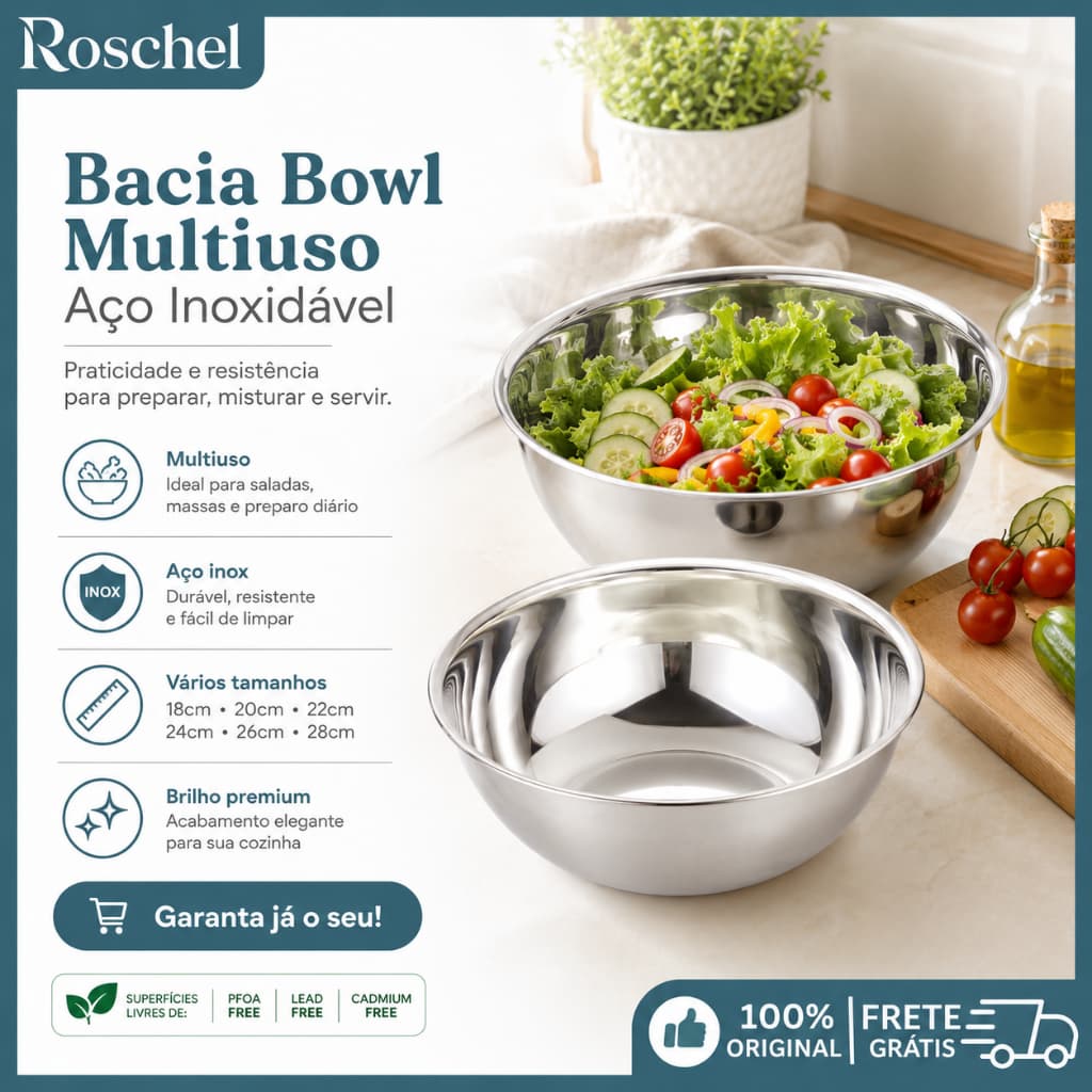 Bacia Bowl de Aço Inox Multiuso para Frutas Legumes e Alimentos Resistente Antiaderente para Cozinha