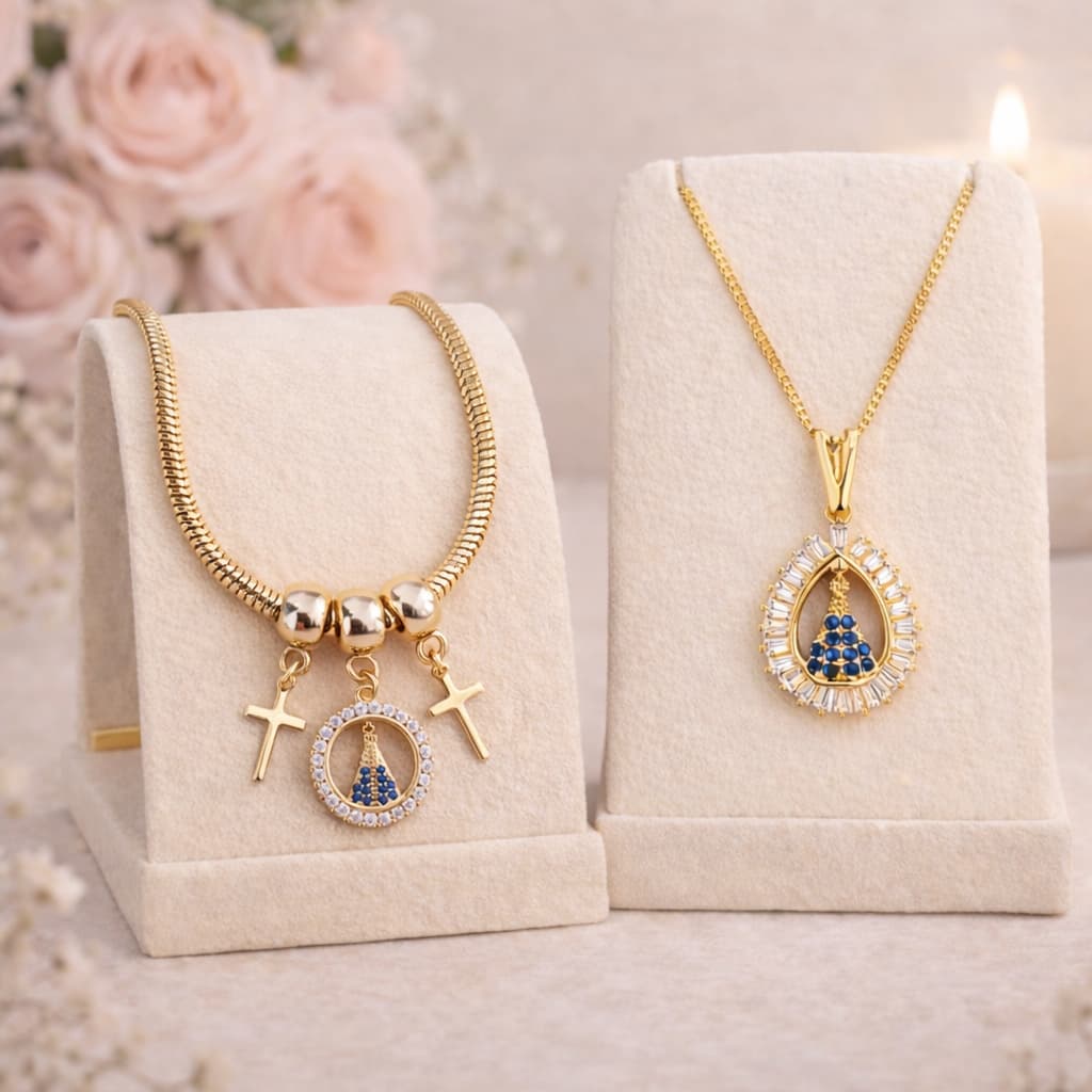 Kit Pulseira Pingente + Colar Gota Cravejada Nossa Senhora Aparecida Folheado a Ouro 18K