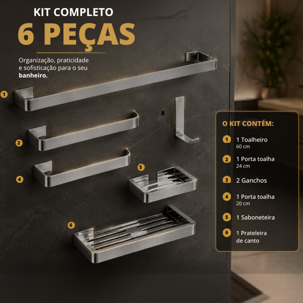 Kit de acessórios para Banheiro 6 peças com Porta Toalha Cromado Anti Ferrugem Alumínio