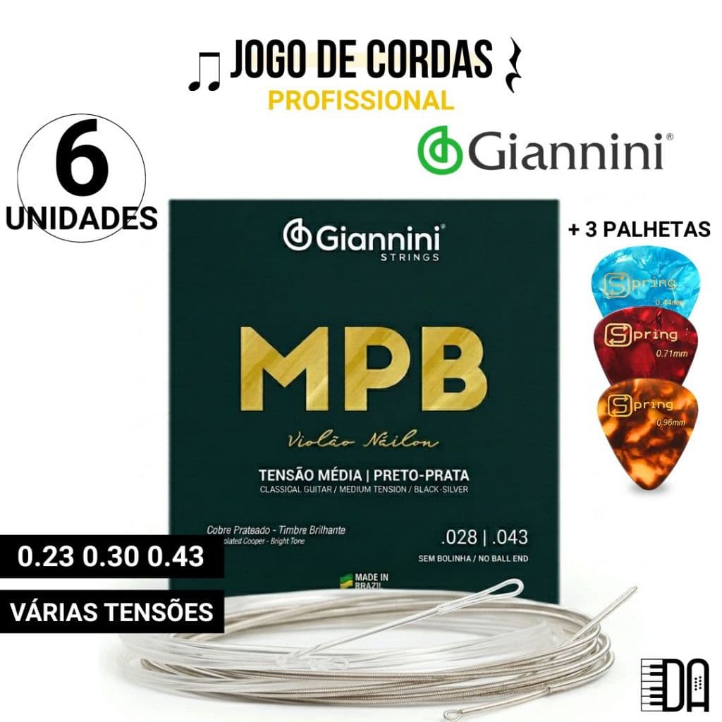 Cordas Violão Nylon Tensão Média e Pesada com Bolinha ou Sem Giannini MPB Encordoamento Completo