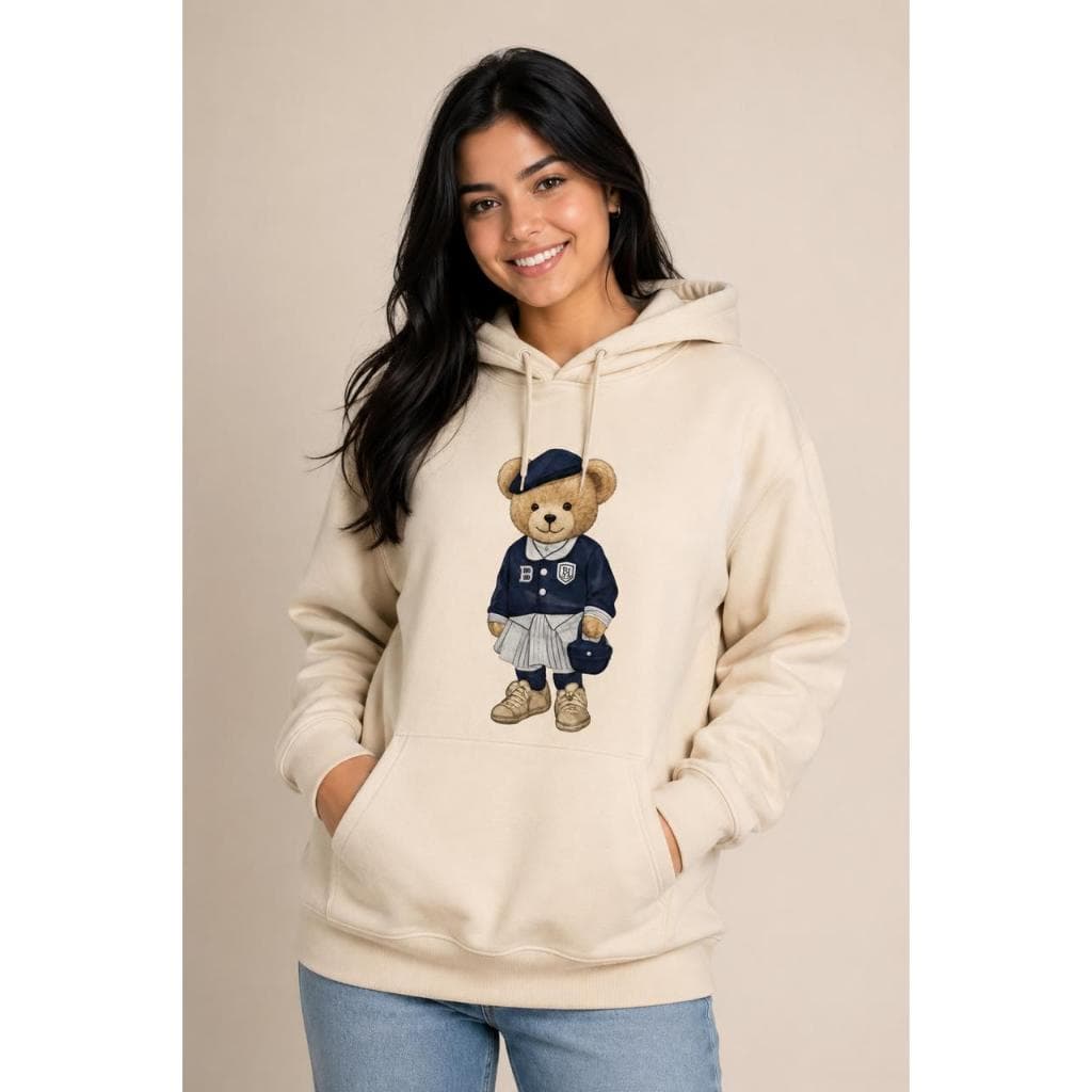 Blusa Moletom Feminino Estampa Urso Canguru Com Capuz e Bolso Frontal Algodão Inverno Frio