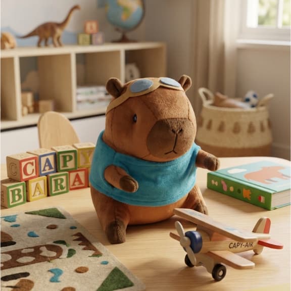 Capivara Aviador Pelúcia Viseira Roupa Infantil Decoração Brinquedo De Menino 25cm