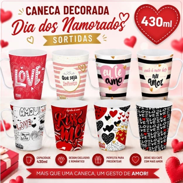 Kit 5 e 10 Canecas Decoradas Plástico Dia Dos Namorados Presente 430ml Com Alça Lembrancinhas