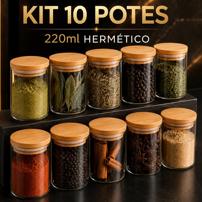 Kit 10 Potes Hermetico 200ml Temperos Mantimentos Vidro Tampa De Bambu