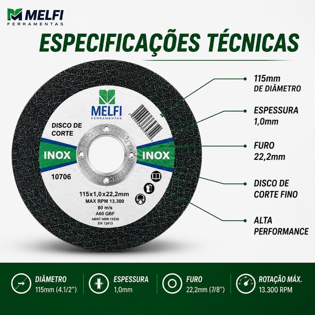 Disco Corte Extra Fino 115x1,0mm 4.1/2 Metal Inox Ferro MELFI