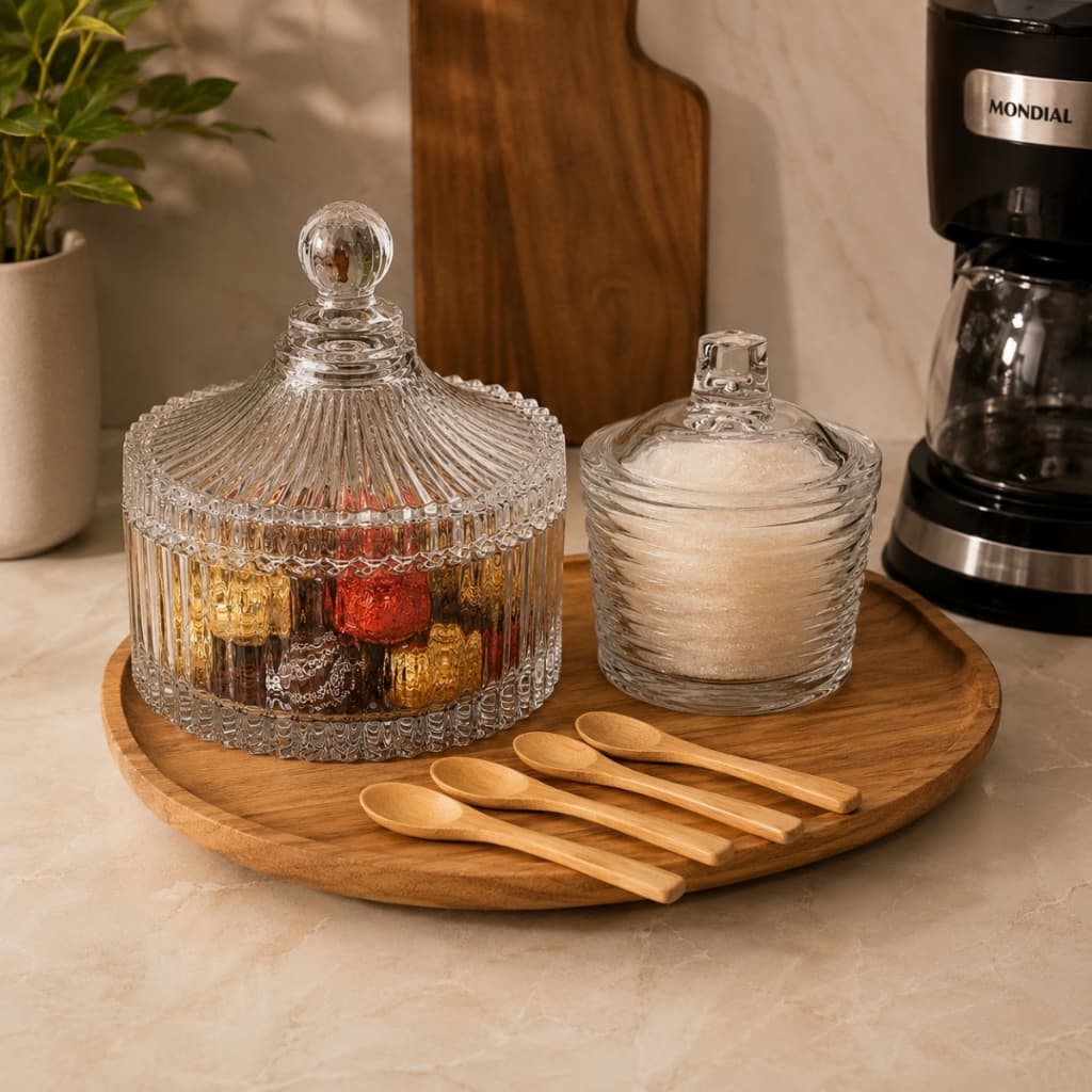 Kit Bomboniere Potiche de Vidro com Açucareiro de Vidro com Colher Cantinho do Café