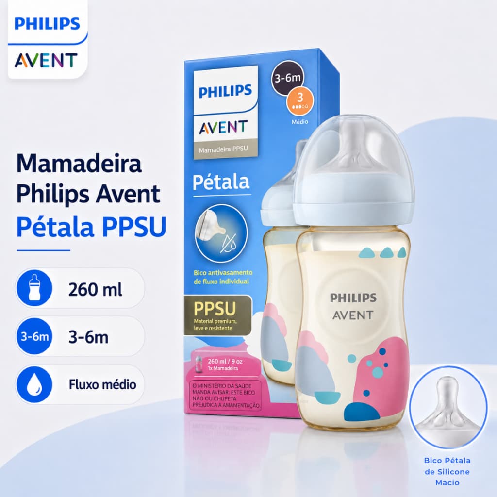 Mamadeira Philips Avent Pétala PPSU 260ml 3m+ Bico N3 Fluxo Médio Azul e Rosa