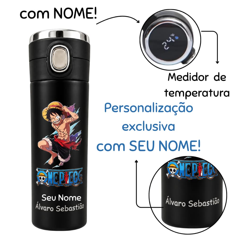 Garrafa Térmica One Piece Inox Com NOME Termômetro Digita Led e Trava de Segurança Personalizada Adulto Infantil escolar